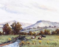 CATTLE RESTING BY A RIVER by Liam Reilly at Ross's Online Art Auctions