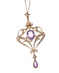 EDWARDIAN 15CT GOLD AMETHYST AND PEARL PENDANT ON 14CT GOLD CHAIN at Ross's Online Art Auctions