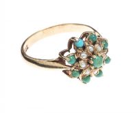 9CT GOLD TURQUOISE AND PEARL CLUSTER RING at Ross's Online Art Auctions