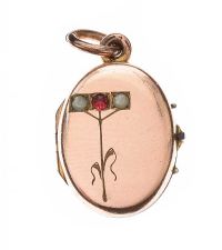 GOLD-TONE GARNET AND SEED PEARL LOCKET at Ross's Online Art Auctions