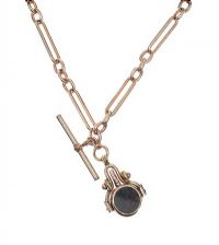 9CT ROSE GOLD ALBERT CHAIN WITH BLOODSTONE AND AGATE SWIVEL FOB at Ross's Online Art Auctions