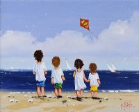 FOUR BOYS FLYING A KITE by Michelle Carlin at Ross's Online Art Auctions