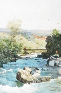 FOOTBRIDGE OVER A MOUNTAIN STREAM by Jack Cudworth at Ross's Online Art Auctions