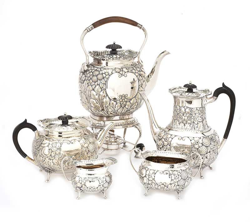 EMBOSSED SILVER TEA SET at Ross's Online Art Auctions