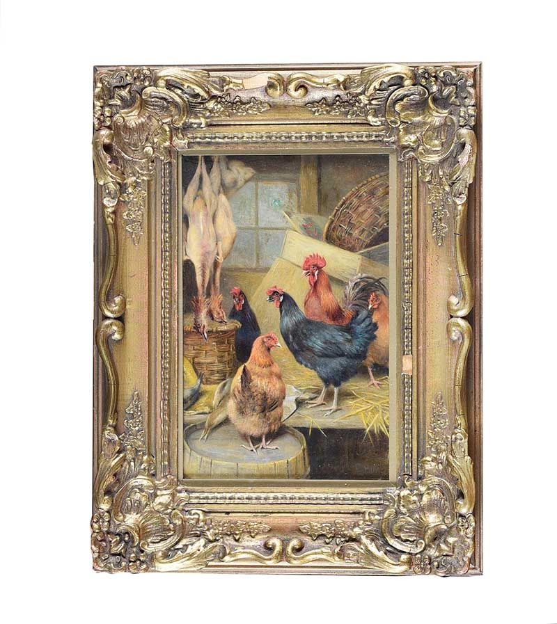 OIL CHICKENS SIGNED EDGAR HUNT at Ross's Online Art Auctions