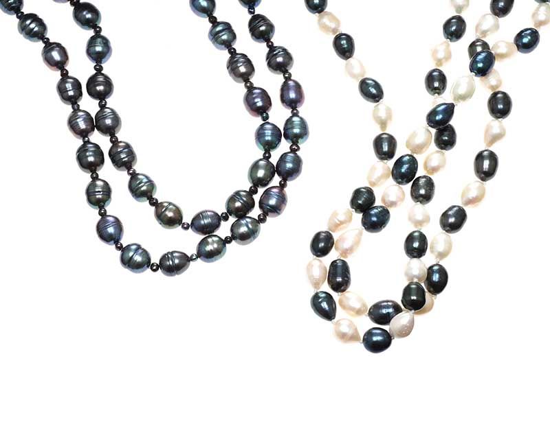 TWO PEACOCK AND WHITE FRESHWATER CULTURED PEARL NECKLACES