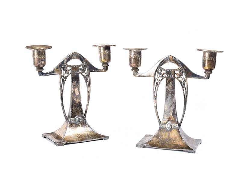 PAIR OF ART NOUVEAU SILVER PLATED CANDLESTICKS at Ross's Online Art Auctions