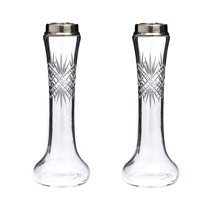 PAIR OF VINTAGE SILVER-TOPPED GLASS BUD VASES at Ross's Online Art Auctions
