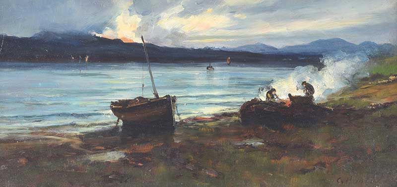 EVENING CAMP BY THE LOUGH by Colin Hunter ARA at Ross's Online Art Auctions
