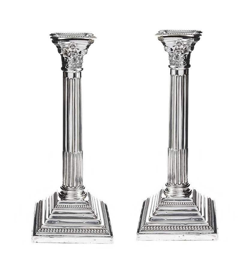 PAIR OF CORINTHIAN STERLING SILVER COLUMN TABLE CANDLESTICKS at Ross's Online Art Auctions