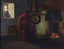 GIRL BY THE SPINNING WHEEL, IRISH COTTAGE INTERIOR by Seamus Stoupe at Ross's Online Art Auctions