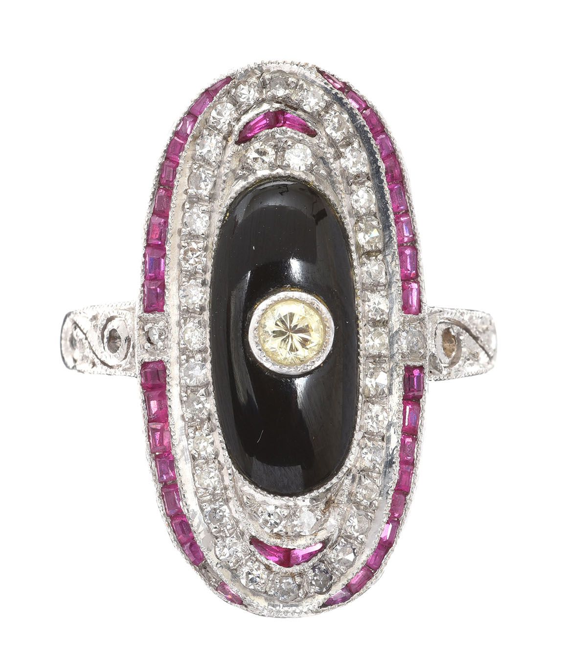 18CT WHITE GOLD RUBY, ONYX AND DIAMOND RING at Ross's Online Art Auctions