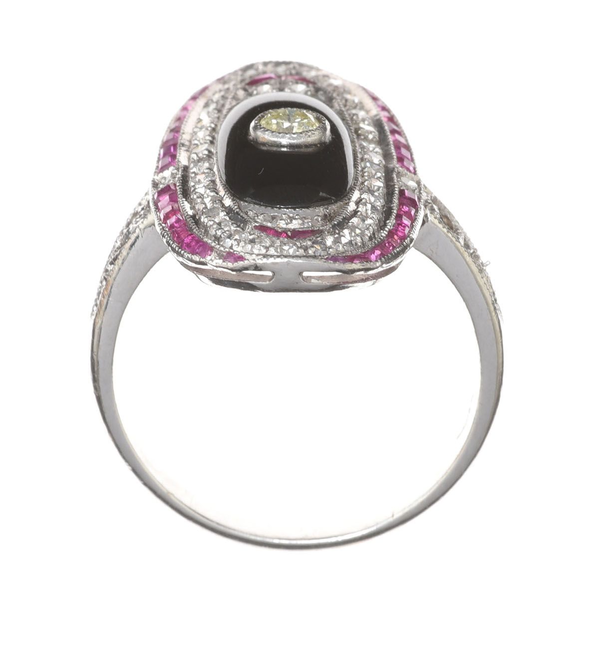 18CT WHITE GOLD RUBY, ONYX AND DIAMOND RING at Ross's Online Art Auctions