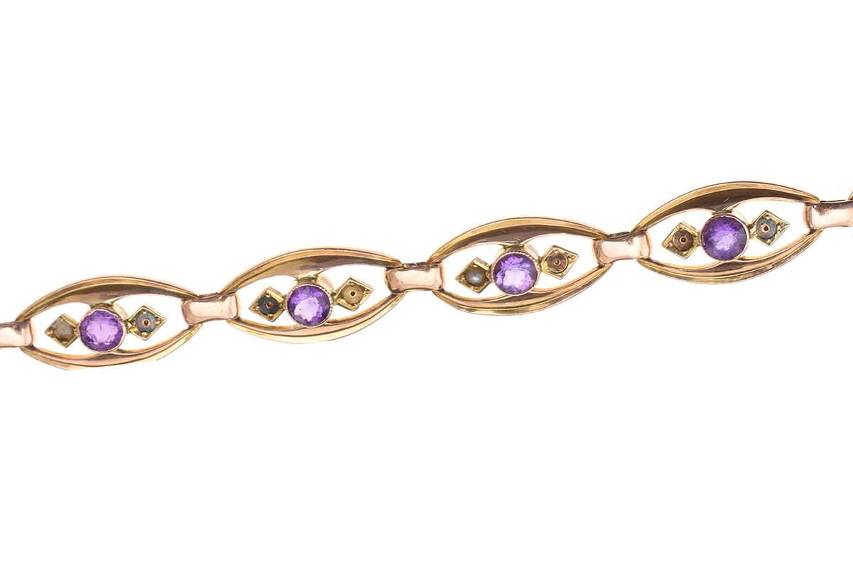 ANTIQUE 9CT GOLD AMETHYST AND SEED PEARL BRACELET
 at Ross's Online Art Auctions