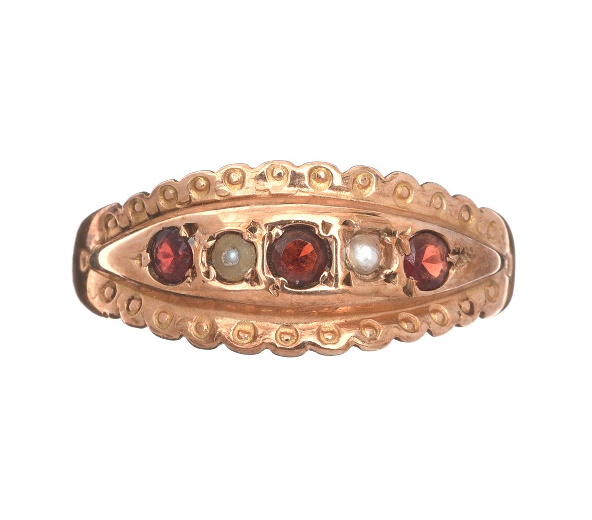 9CT ROSE GOLD GARNET AND SEED PEARL RING at Ross's Online Art Auctions