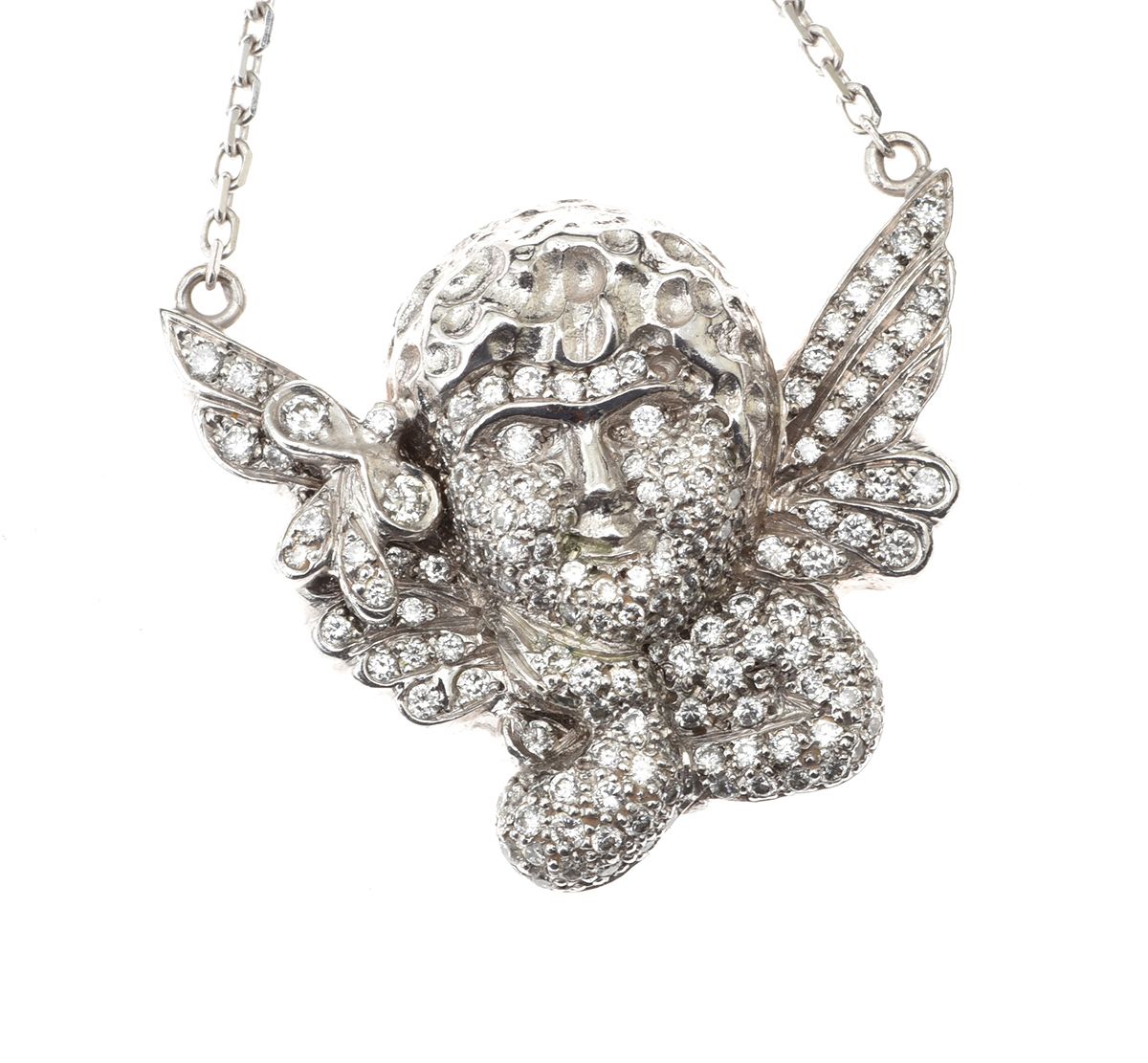 18CT WHITE GOLD DIAMOND CHERUB NECKLACE at Ross's Online Art Auctions