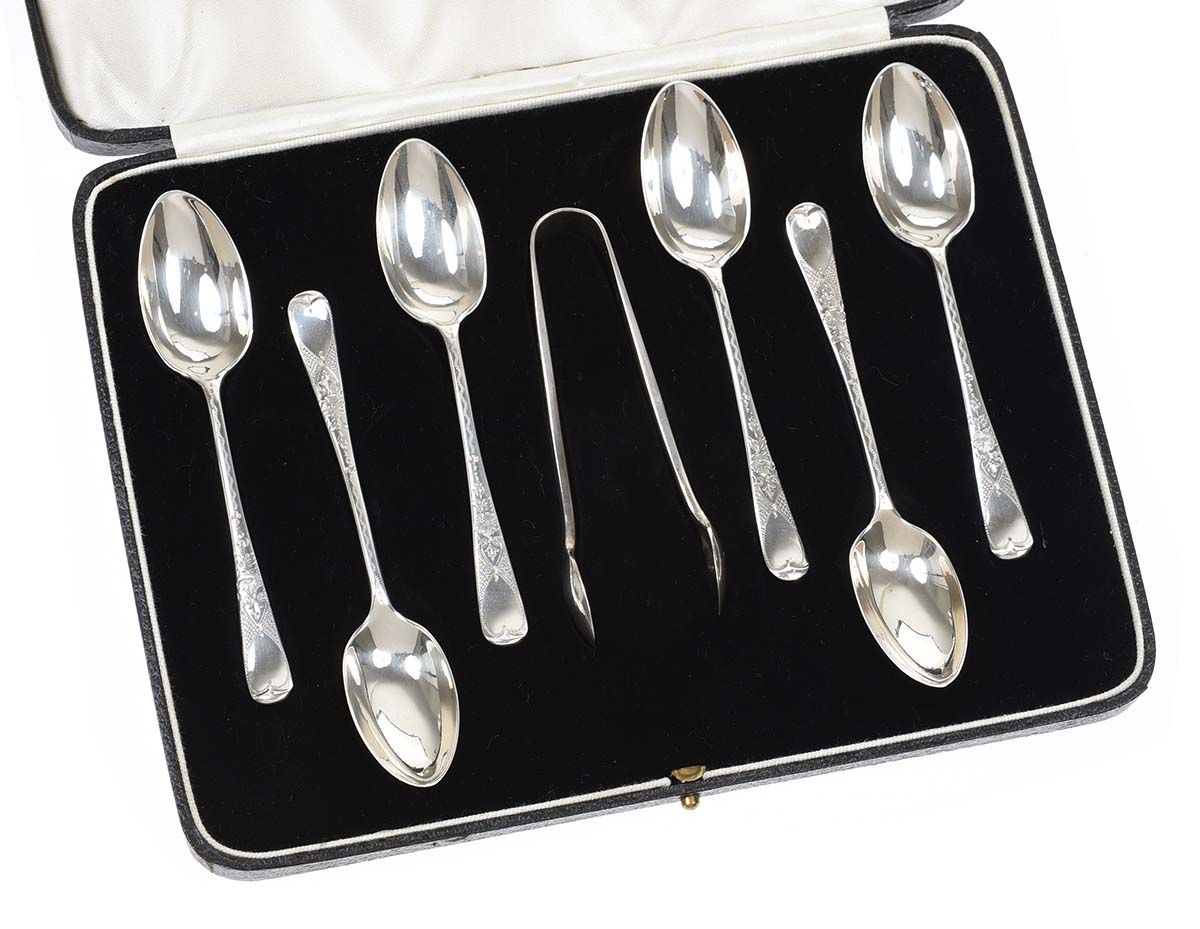 SET OF SIX SILVER COFFEE SPOONS & TONGS at Ross's Online Art Auctions