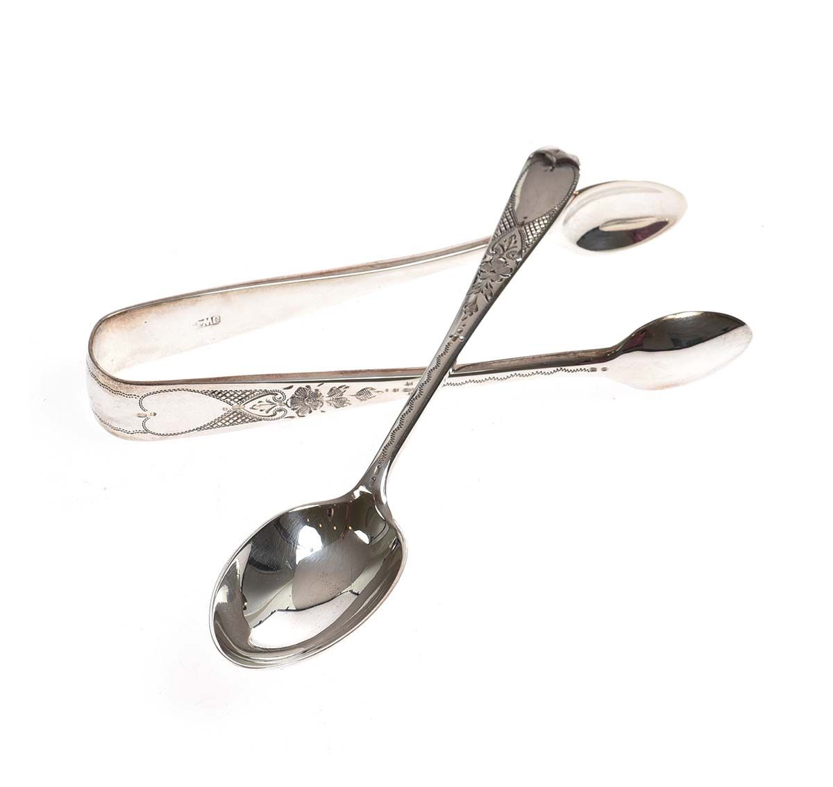 SET OF SIX SILVER COFFEE SPOONS & TONGS at Ross's Online Art Auctions