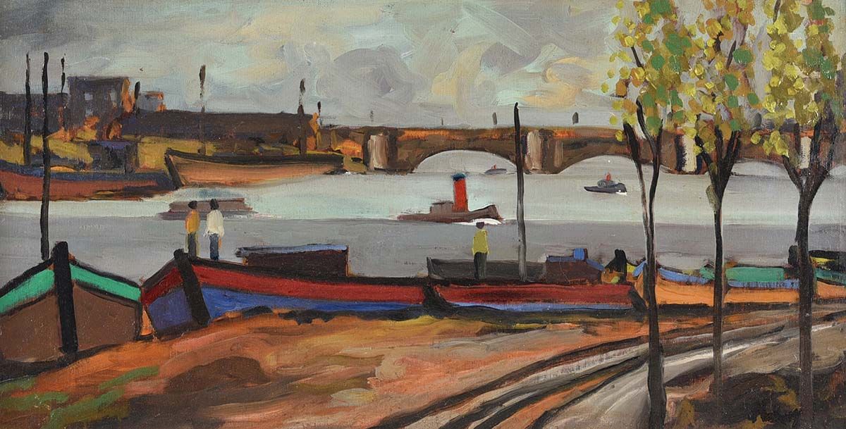 BOATS AT THE QUAYSIDE, RIVER LIFFEY, DUBLIN by Markey Robinson at Ross's Online Art Auctions