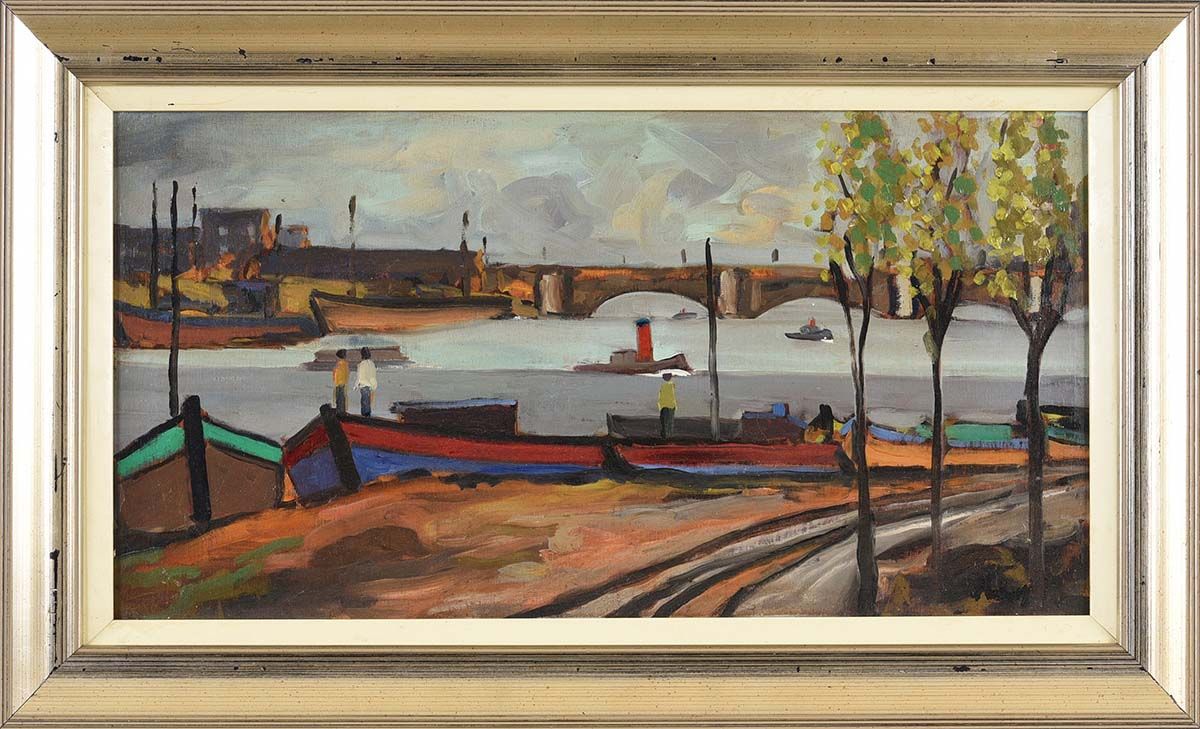 BOATS AT THE QUAYSIDE, RIVER LIFFEY, DUBLIN by Markey Robinson at Ross's Online Art Auctions