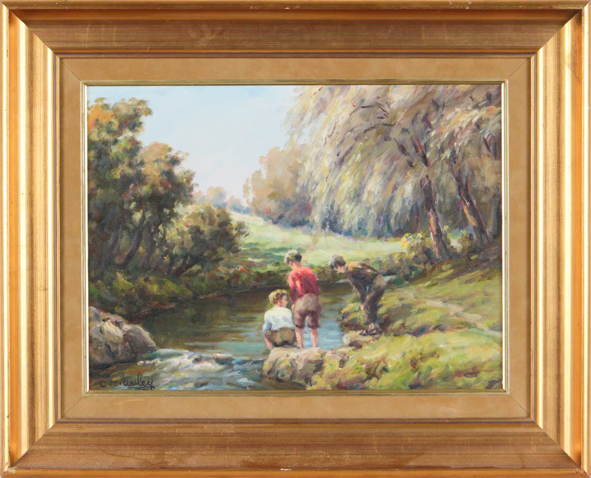 THREE BOYS BY A RIVER by Charles McAuley at Ross's Online Art Auctions