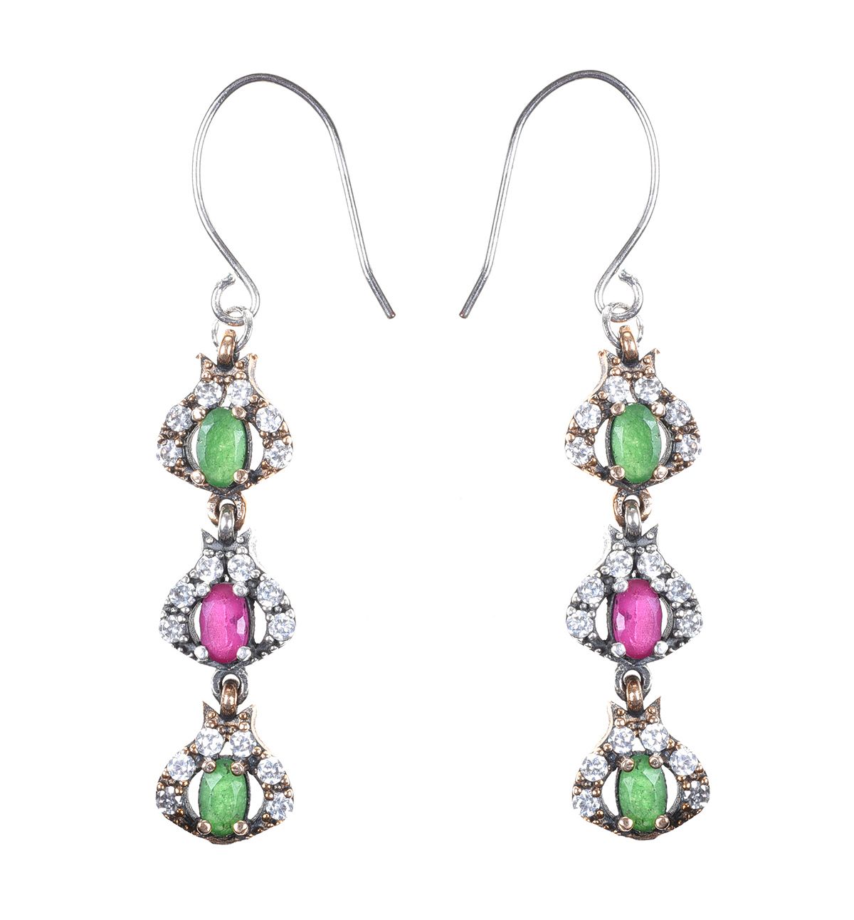 SILVER-TONE RUBY, EMERALD & WHITE SAPPHIRE EARRINGS at Ross's Online Art Auctions