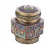 ORIENTAL BRASS & ENAMEL CONTAINER WITH LID at Ross's Online Art Auctions