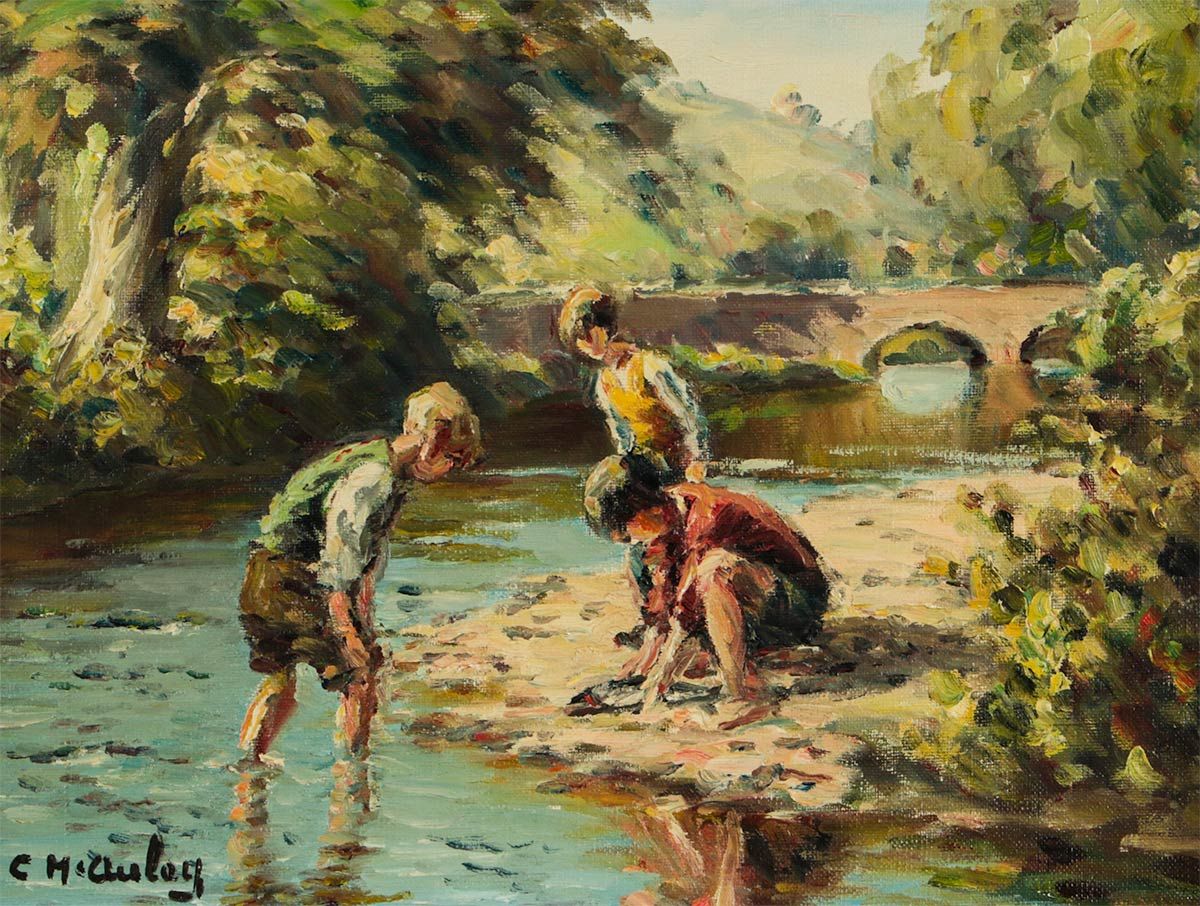BOYS FISHING, THE RIVER DUN by Charles McAuley at Ross's Online Art Auctions