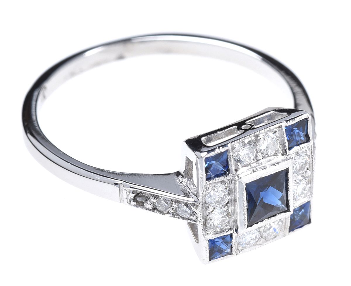 PLATINUM SAPPHIRE & DIAMOND CHEQUERBOARD CLUSTER RING at Ross's Online Art Auctions