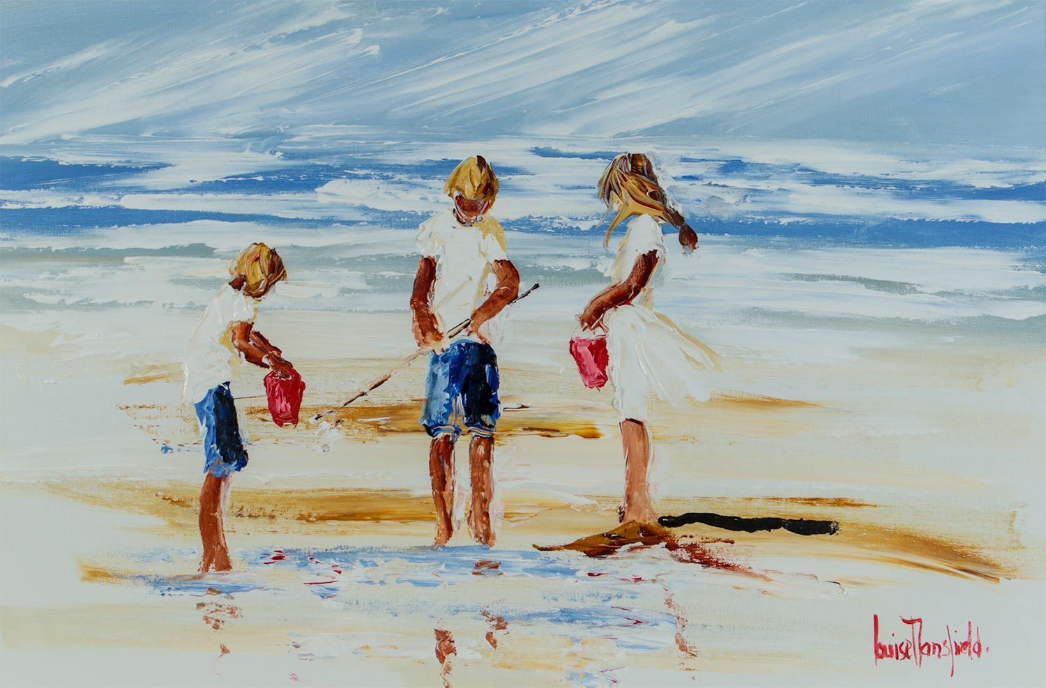 THREE CHILDREN PLAYING ON THE BEACH by Louise Mansfield at Ross's Online Art Auctions