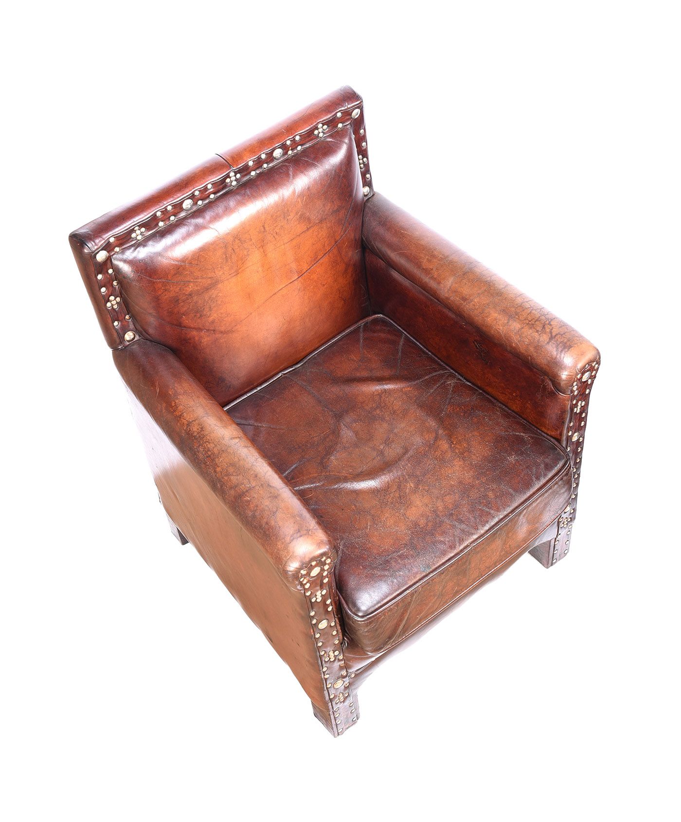 FINE PAIR OF BRASS STUDDED BROWN LEATHER ARMCHAIRS at Ross's Online Art Auctions