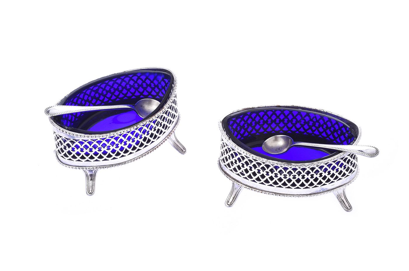 PAIR OF ELEGANT BOAT SHAPED PIERCED SILVER PLATED SALTS at Ross's Online Art Auctions