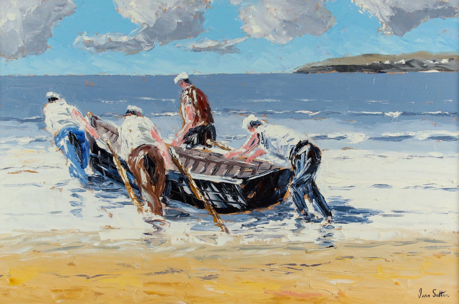 LAUNCHING THE CURRAGH, INIS OIRR, ARAN ISLANDS by Ivan Sutton at Ross's Online Art Auctions