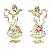 A PAIR OF RIDGWAY COALBROOKDALE STYLE FLOWER ENCRUSTED EWERS AND COVERED BOWLS, RAISED ON A CIRCULAR FOOT. at Ross's Online Art Auctions