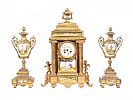 A VICTORIAN FRENCH GILT-METAL MOUNTED THREE PIECE CLOCK GARNITURE DECORATED WITH PAINTED PANELS OF FIGURES at Ross's Online Art Auctions