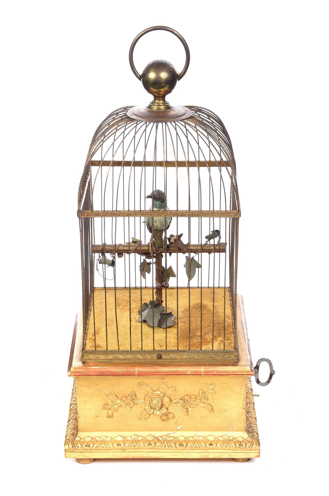 AN ANTIQUE FRENCH GILT METAL BIRDCAGE WITH A SINGING BIRD AUTOMATON at Ross's Online Art Auctions
