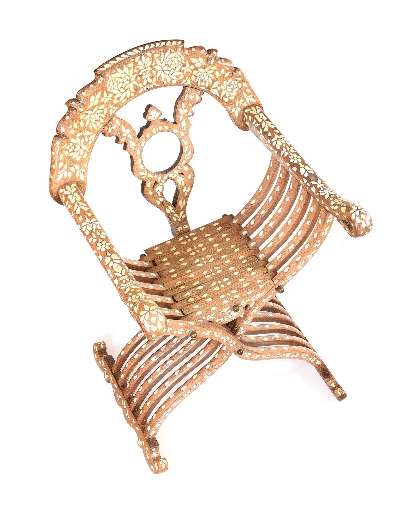 A MIDDLE-EASTERN MOTHER OF PEARL INLAID OPEN ARMCHAIR at Ross's Online Art Auctions