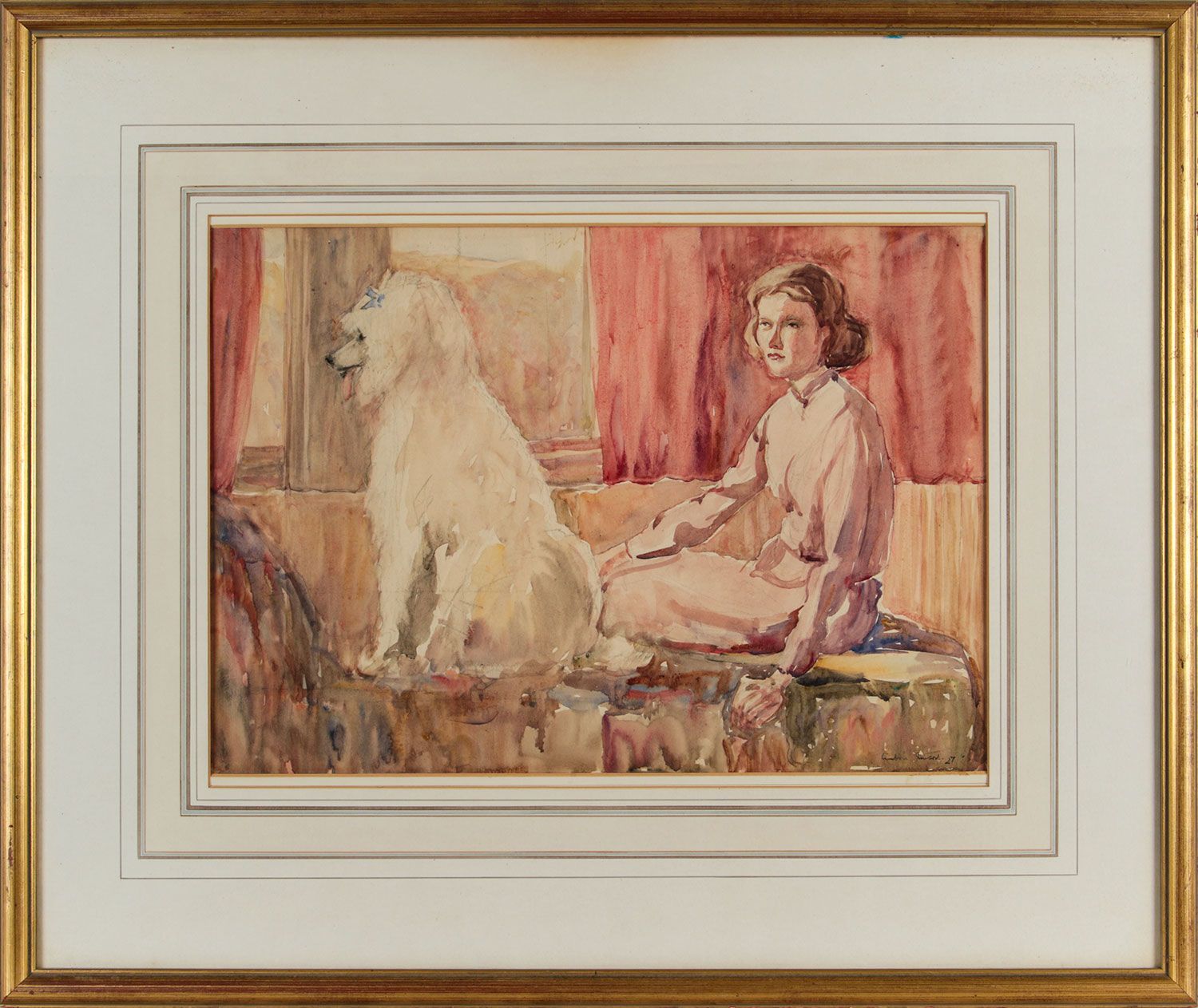 SEATED LADY WITH A LONG HAIR POODLE by C. Stuart at Ross's Online Art Auctions
