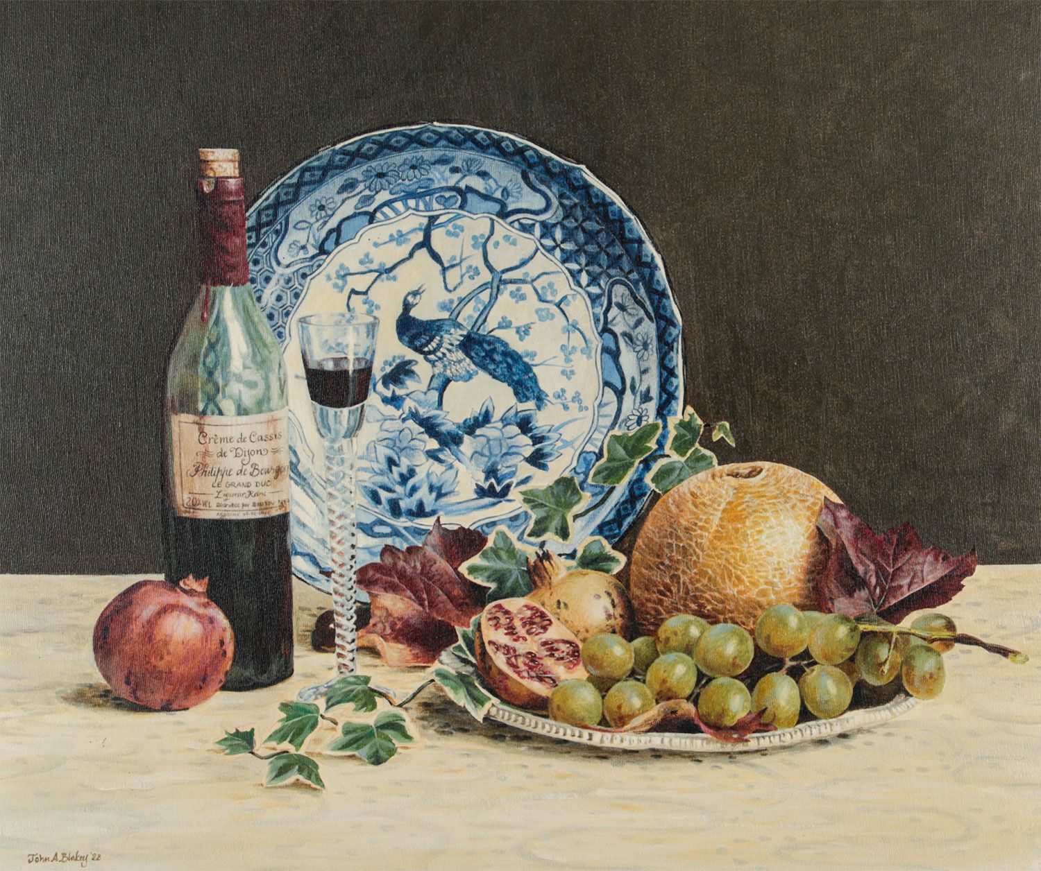 STILL LIFE, WINE BOTTLE AND FRUIT by John A. Blakey at Ross's Online Art Auctions