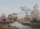 DUCKS IN FLIGHT OVER WETLANDS by Wendy Reeves at Ross's Online Art Auctions