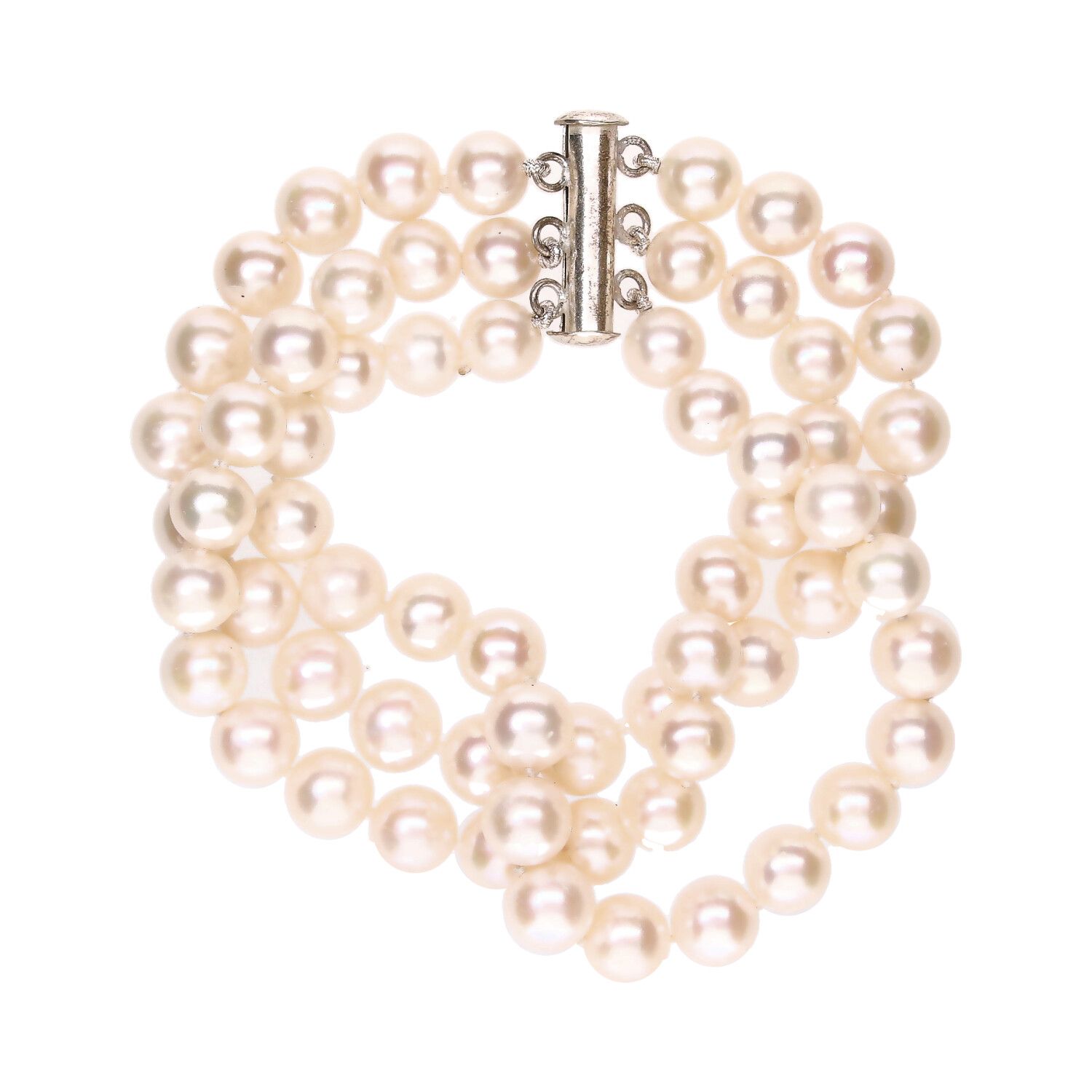 TRIPLE STRAND PEARL BRACELET WITH STERLING SILVER CLASP at Ross's Online Art Auctions