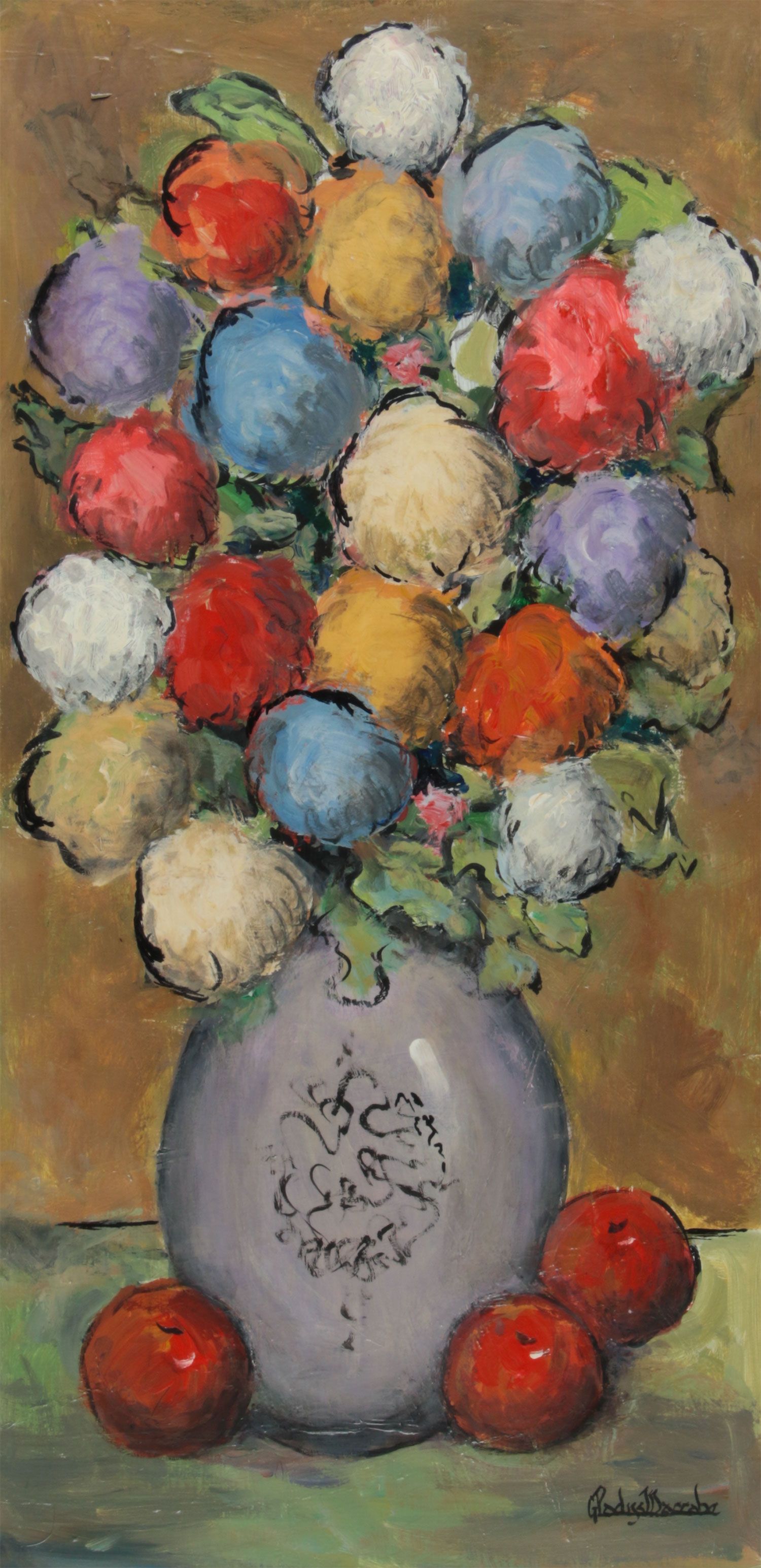 STILL LIFE, MIXED FLOWERS WITH RED APPLES by Gladys Maccabe HRUA at Ross's Online Art Auctions