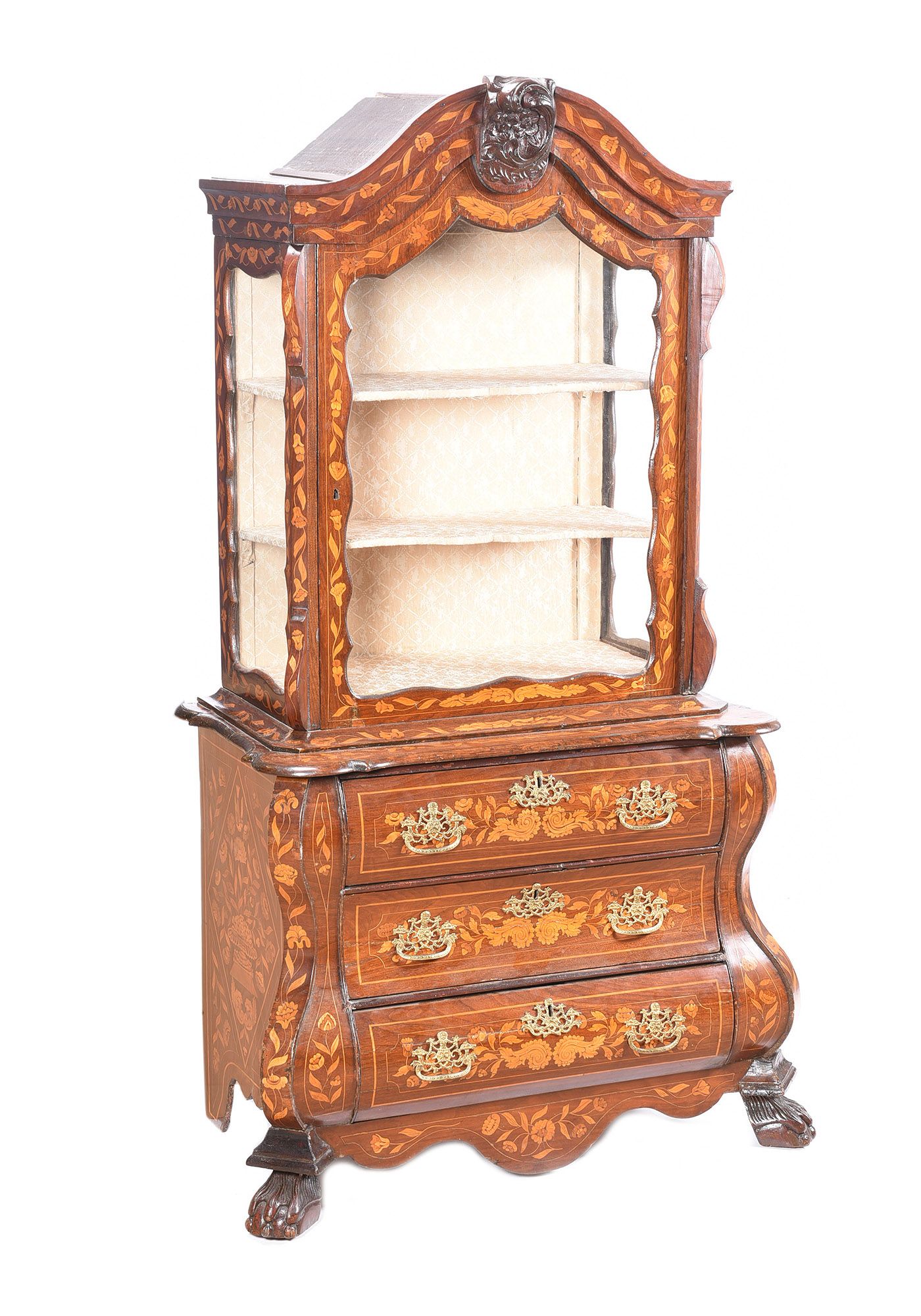 FINE NINETEENTH CENTURY DUTCH MARQUETRY BOMBE DISPLAY CABINET at Ross's Online Art Auctions