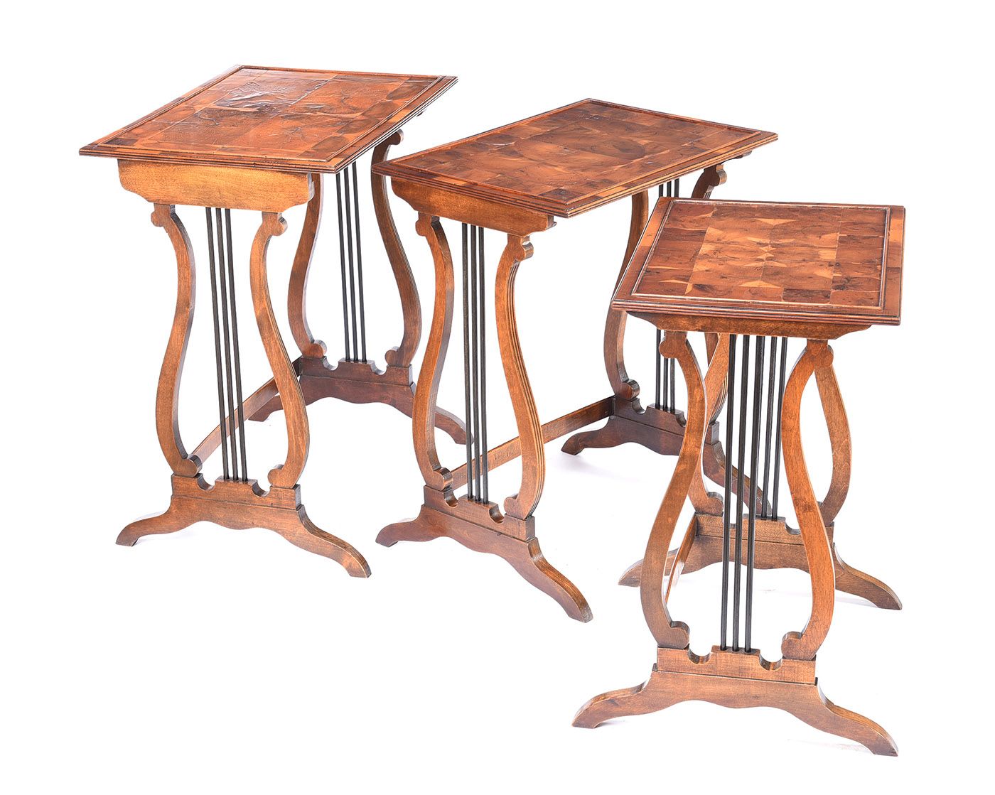 NEST OF THREE OYSTER VENEERED TEA TABLES at Ross's Online Art Auctions