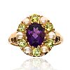 9CT GOLD AMETHYST, PERIDOT & PEARL RING at Ross's Online Art Auctions