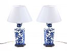 PAIR OF BLUE & WHITE TABLE LAMPS & SHADES at Ross's Online Art Auctions