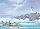 DONEGAL CURRACH MEN FACE THE STORMY SEAS AT FANAD LIGHTHOUSE, DONEGAL by Sean Lorinyenko at Ross's Online Art Auctions